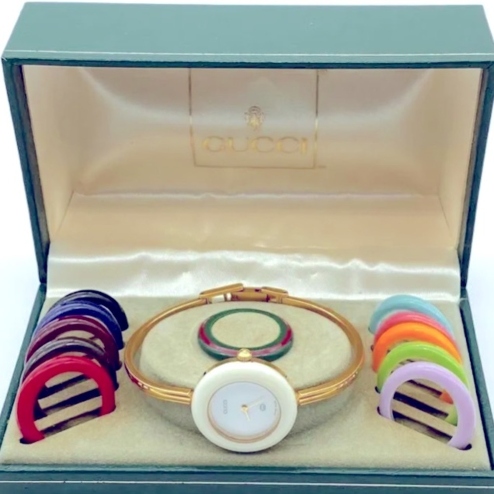 Gucci Gold and White Women's Watch with Interchangeable Bezels